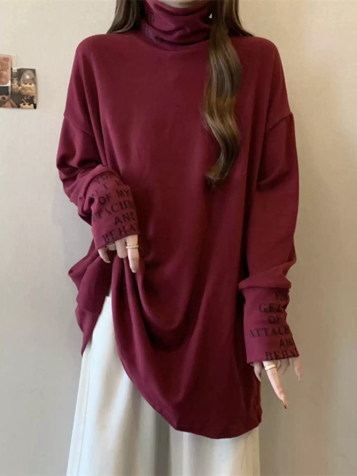 Simple Loose Black High Neck Letter Print Split-Joint Long Sleeve T-Shirt