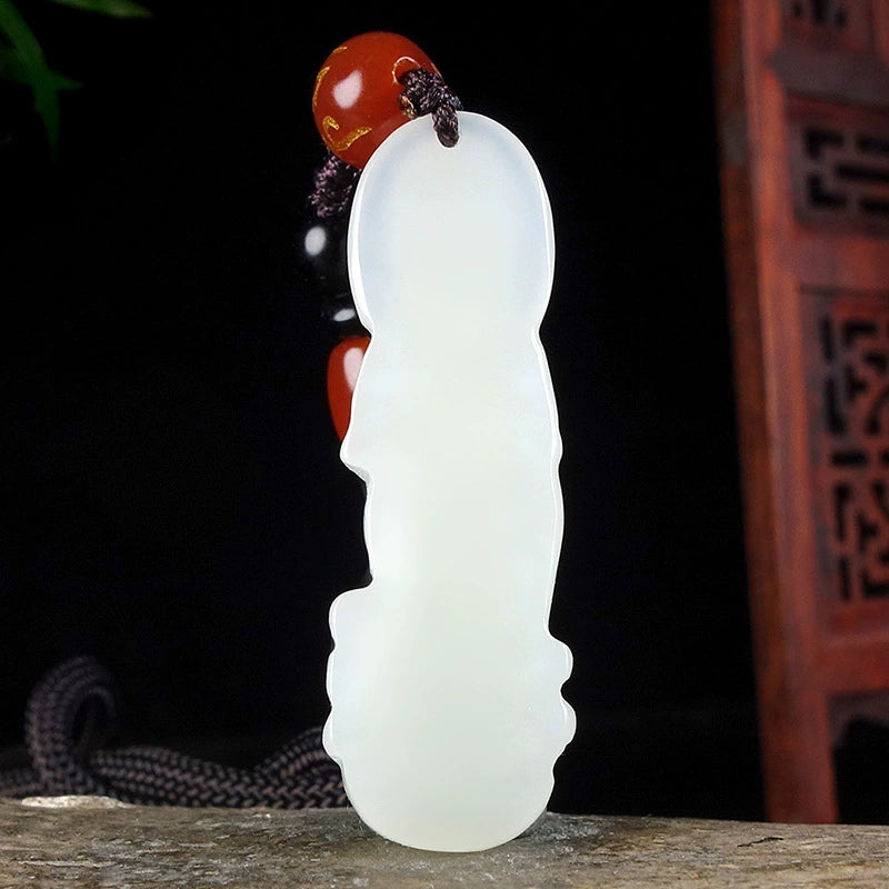 Natural Hetian White Jade Standing Guanyin Pendant Necklace (Men's)