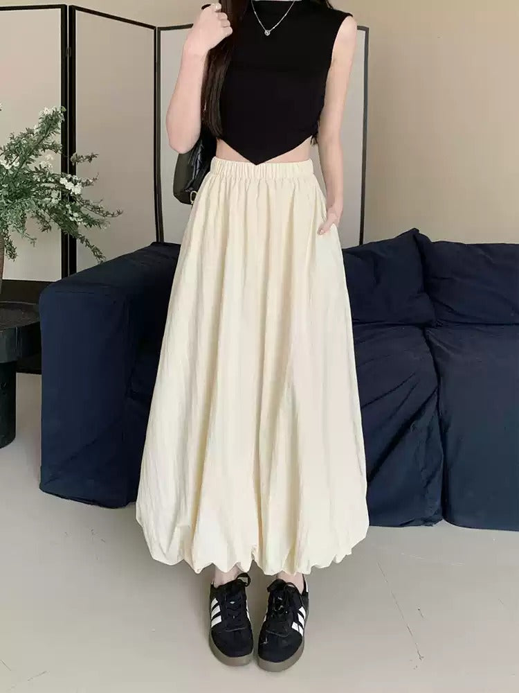 Design Black Elastic Waist Irregular Pleated Puff Skirt