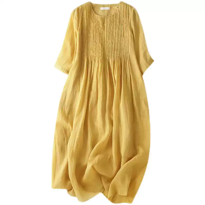 Loose Yellow Wrinkled Cotton Shirts Dress Summer