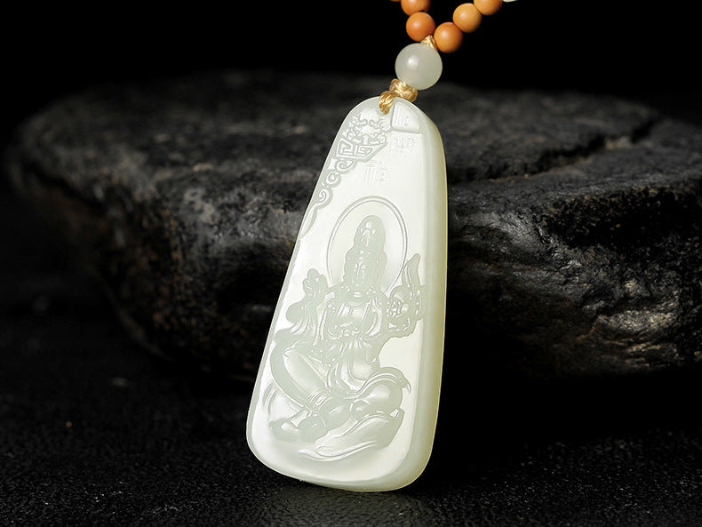 Natural Hetian White Jade Guanyin Pendant Necklace