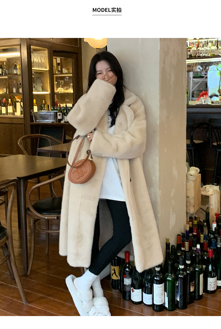 Beige Button Leather Fur Maxi Coat Long Sleeve