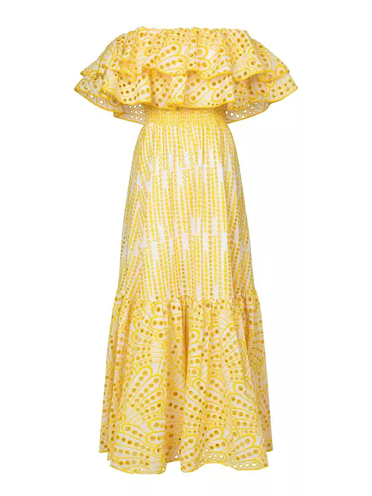New Yellow Slash Neck Print Tie Waist Cotton Long Dress Summer