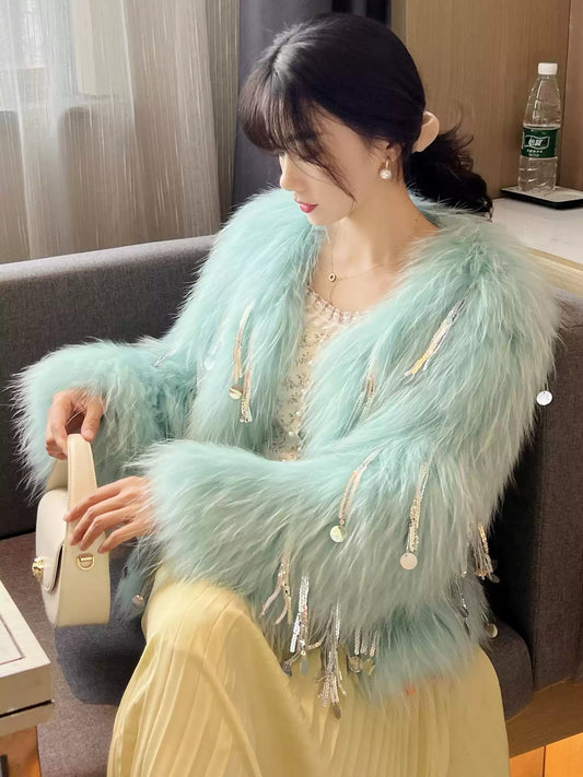 Italian Light Green Raccoon Hair Feather Tassel Coats Winter