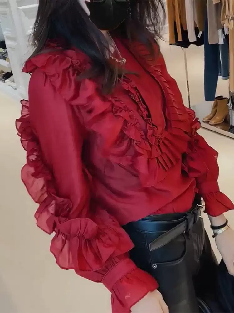 Boutique Red Ruffled Patchwork Chiffon Shirt Summer