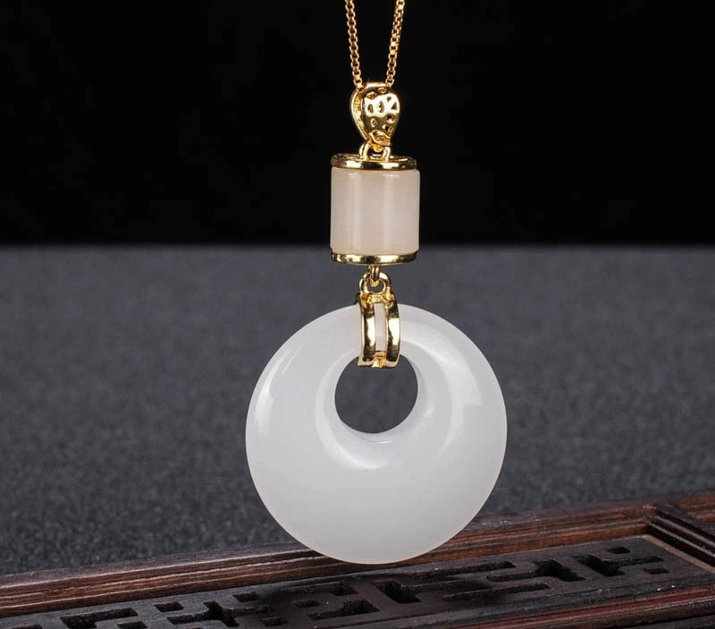 Natural Golden Silk Jade Peace Buckle Pendant Necklace