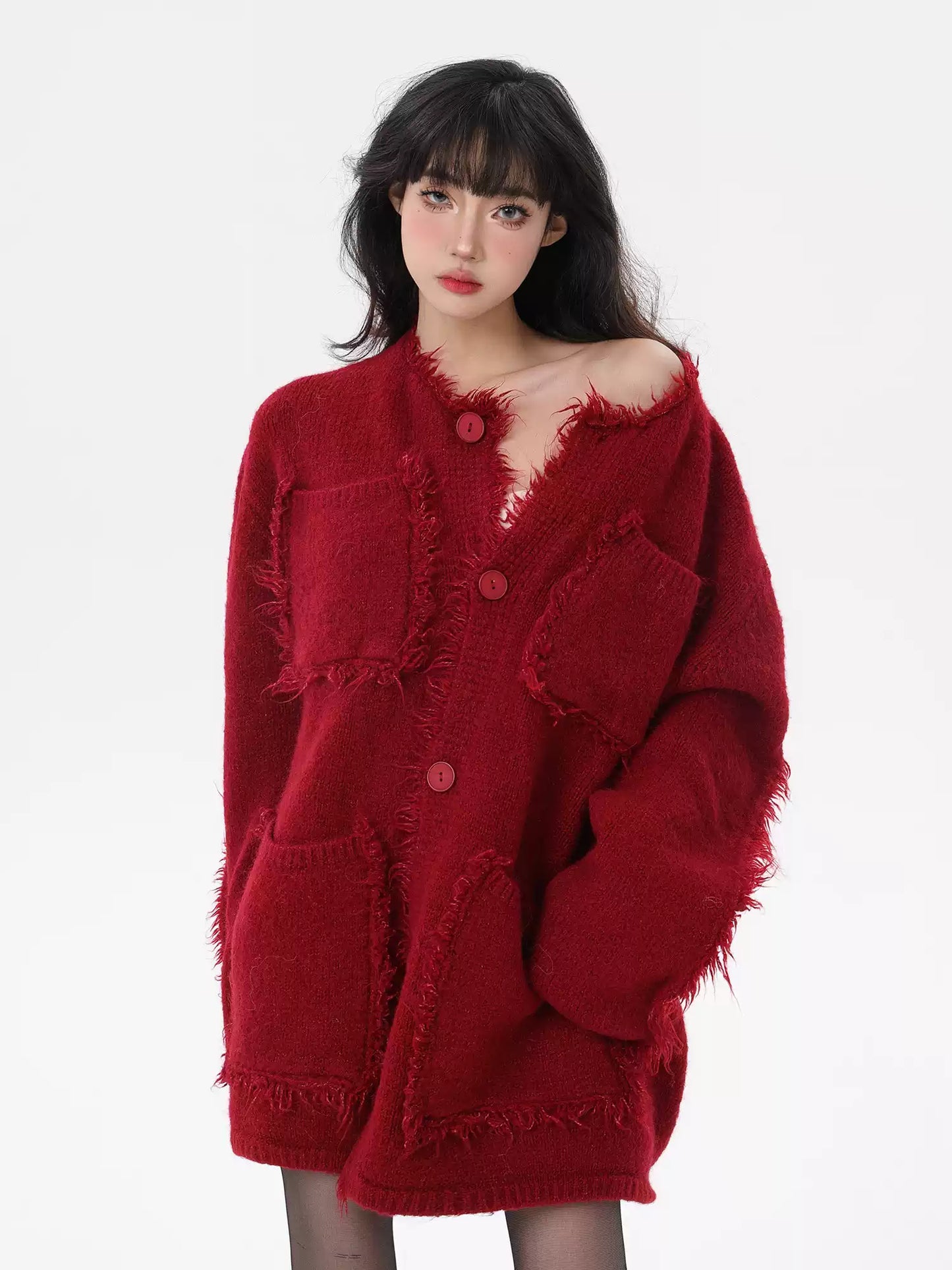 Natural Red Pockets Patchwork Button Cotton Knit Coats Fall