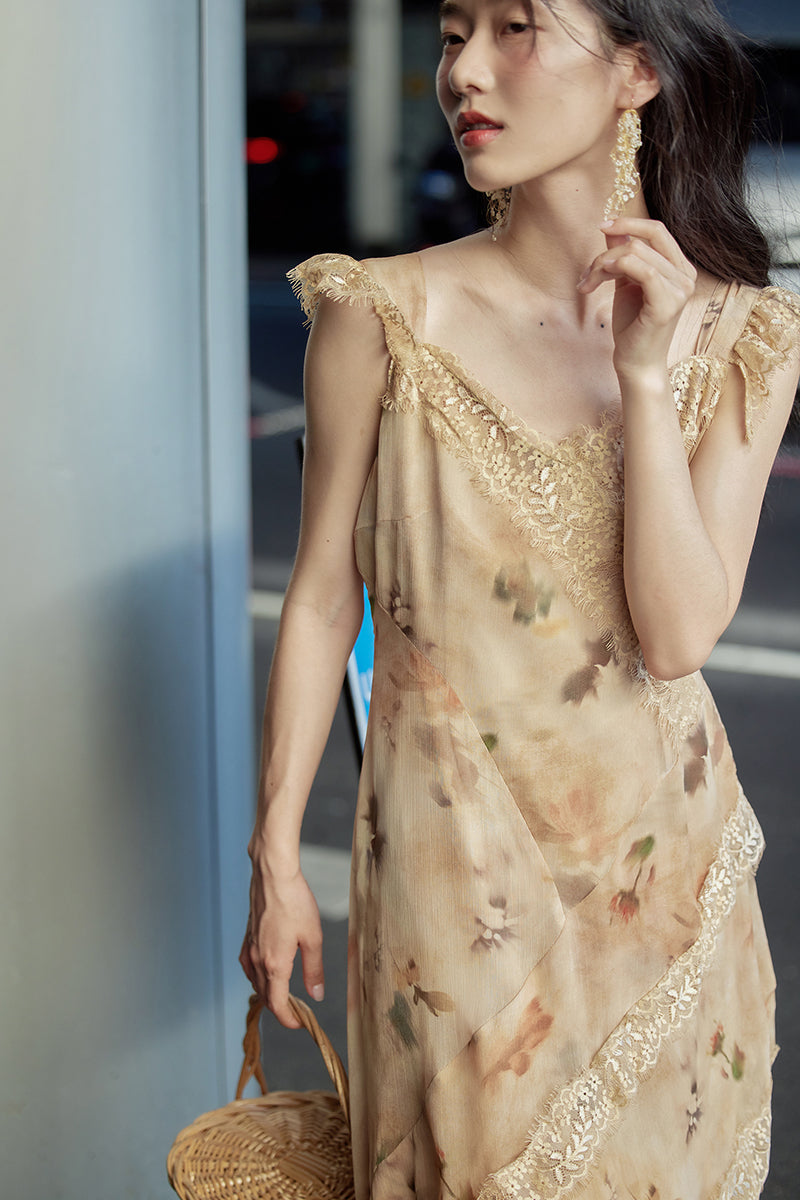 Holiday Style Orange Print V Neck Lace Patchwork Cotton Dresses Summer