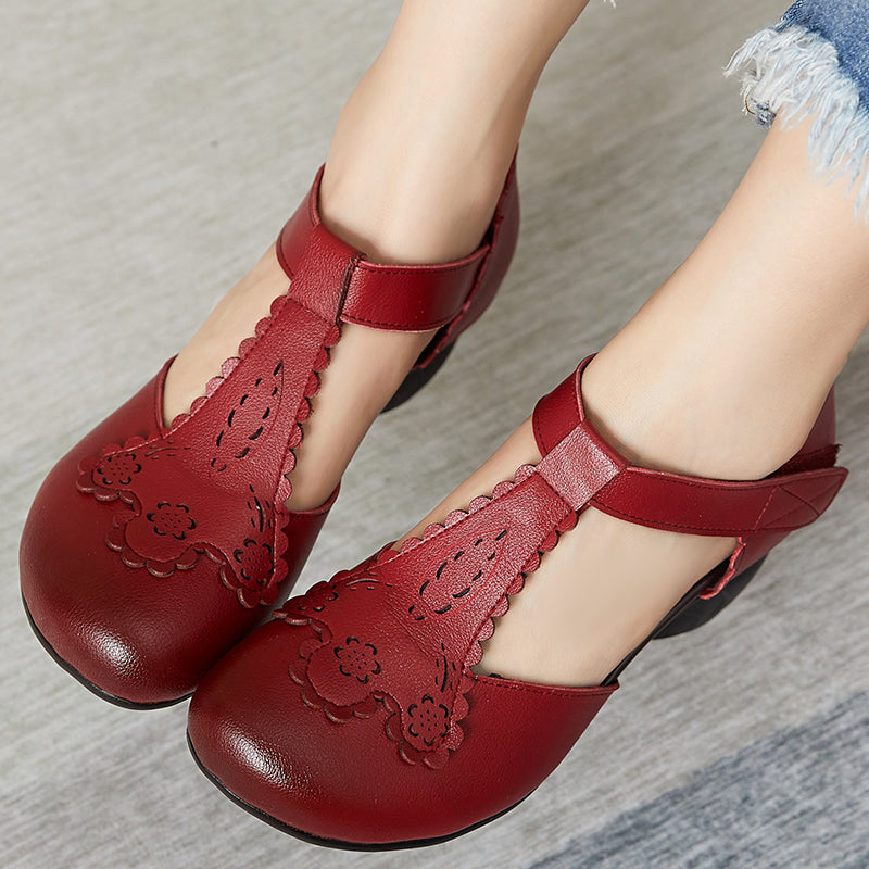 Summer Floral Leather Velcro Tape Sandals