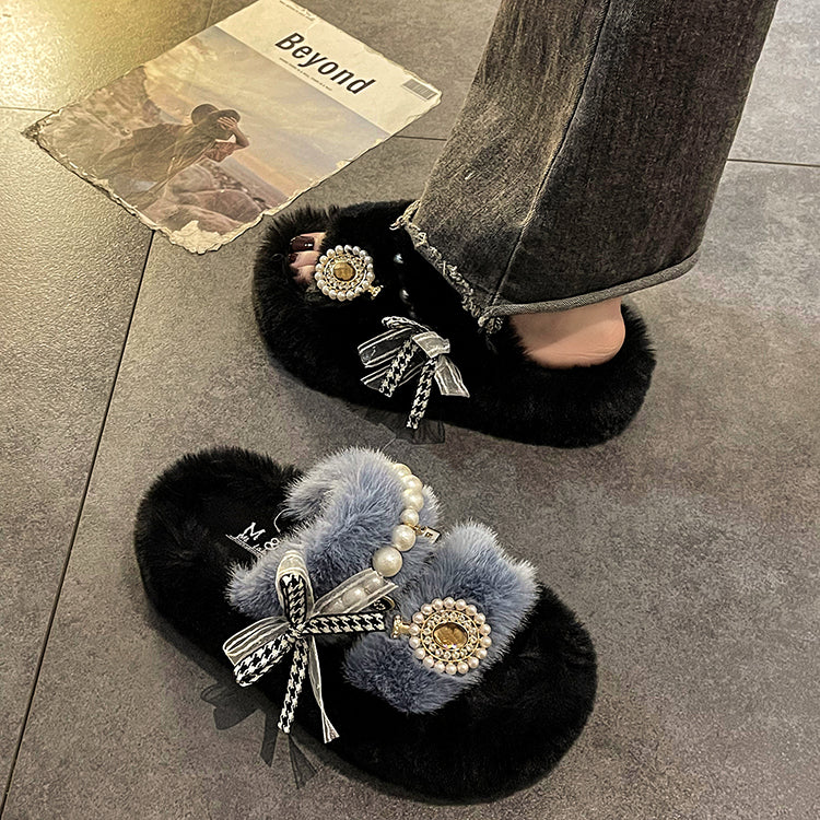 New Khaki Nail Bead Bow Platform Teddy Slide Sandals