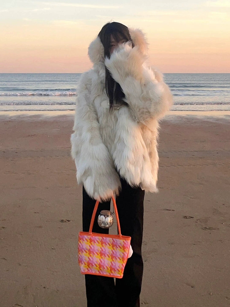 French White Pockets Leather And Fur Coats Winter