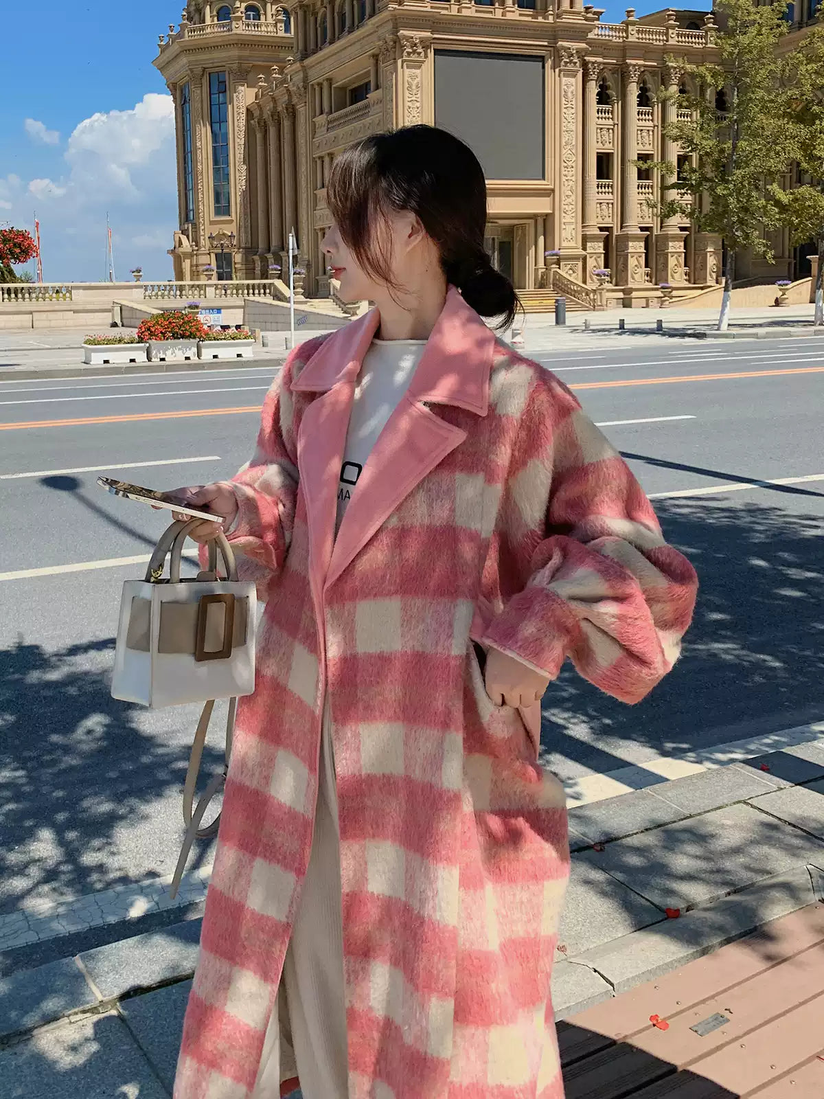 Pink Notched Tie Waist Maxi Woolen Coat Long Sleeve