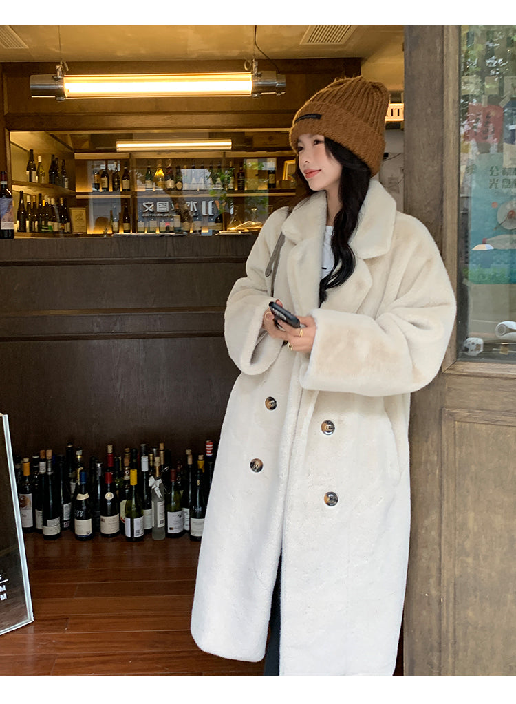 Beige Button Leather Fur Maxi Coat Long Sleeve