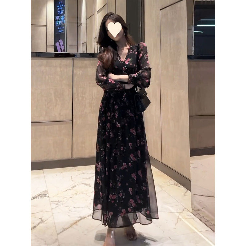 French Black floral Long Dresses Summer