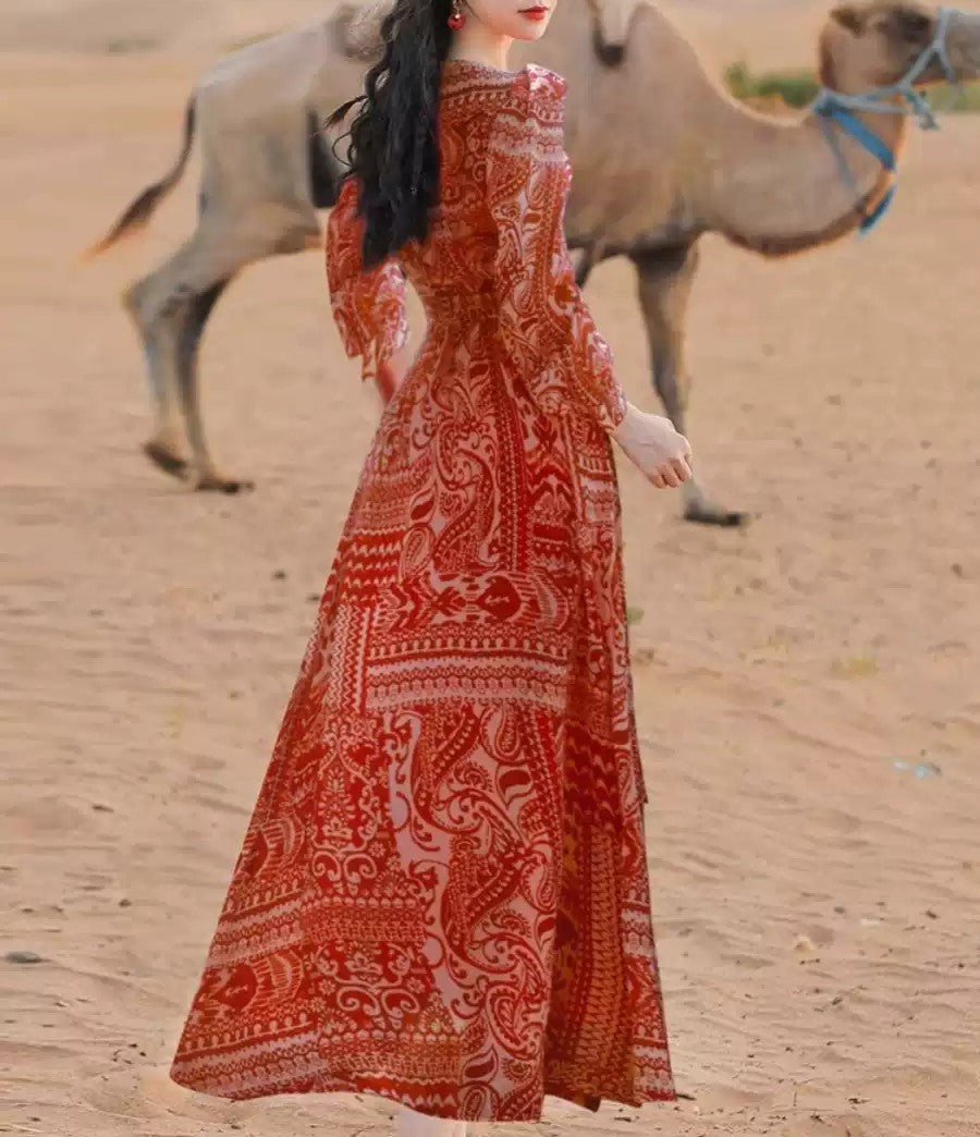 Bohemian Red Print Tie Waist Vacation Long Dresses Spring