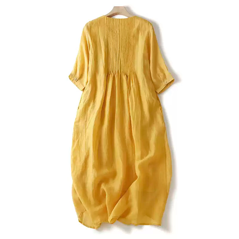 Loose Yellow Wrinkled Cotton Shirts Dress Summer