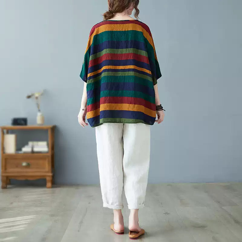 Fitted Multicolour Striped Patchwork Cotton Tank Summer