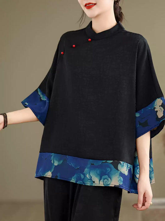 Vintage Blue Oversized Patchwork Silk Shirts Summer