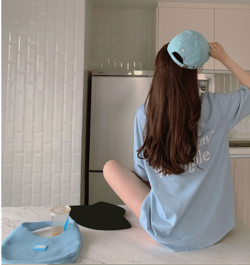 Blue O-Neck Print Loose Top Summer