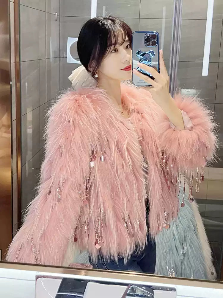 Italian Light Green Raccoon Hair Feather Tassel Coats Winter