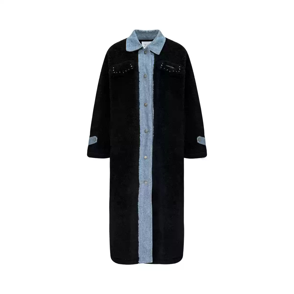 Boutique Black Pockets Denim Patchwork Faux Fur Coat Outwear Spring