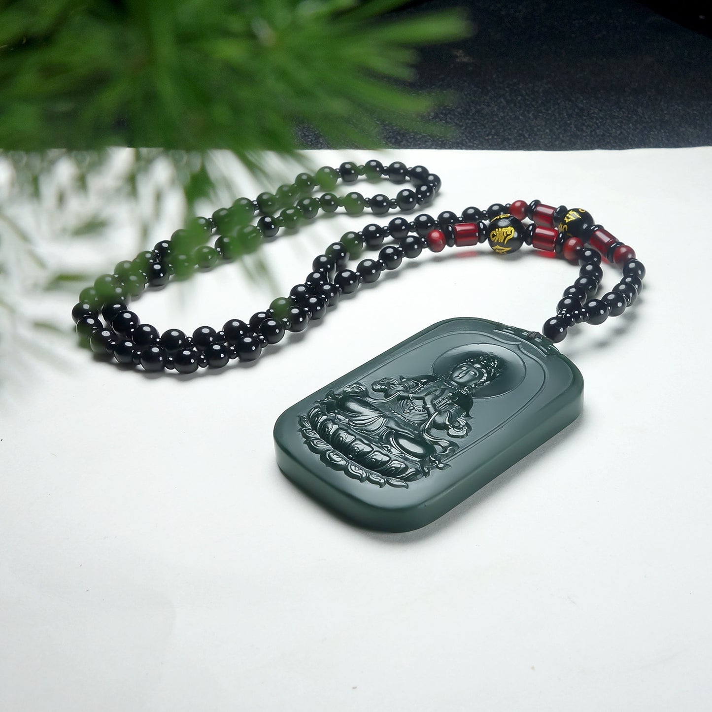 Natural Hetian Green Jade Double-Sided Guanyin Pendant Necklace