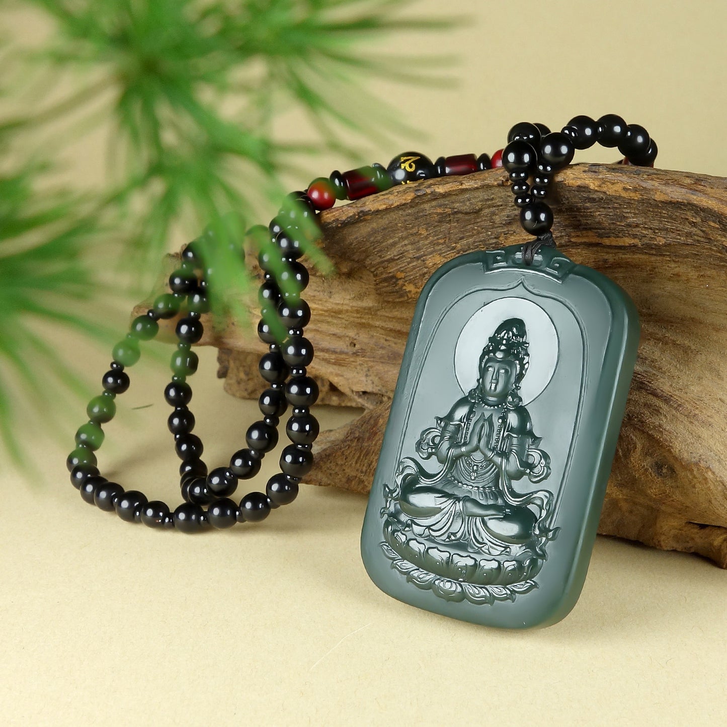 Natural Hetian Green Jade Double-Sided Guanyin Pendant Necklace