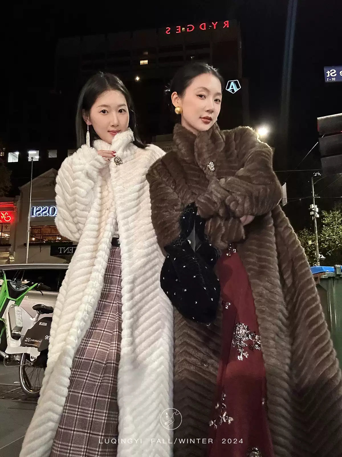 Elegant Coffee O-Neck Pockets Print Faux Leather Long Coats Winter