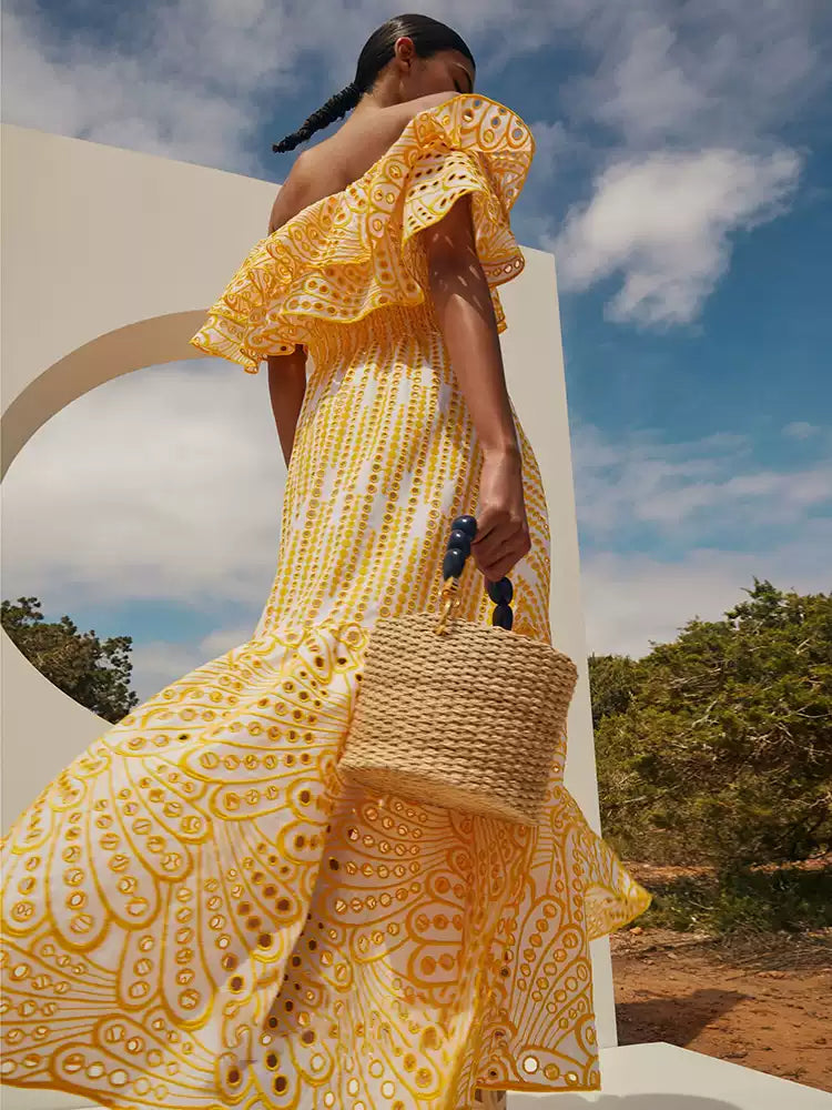 New Yellow Slash Neck Print Tie Waist Cotton Long Dress Summer