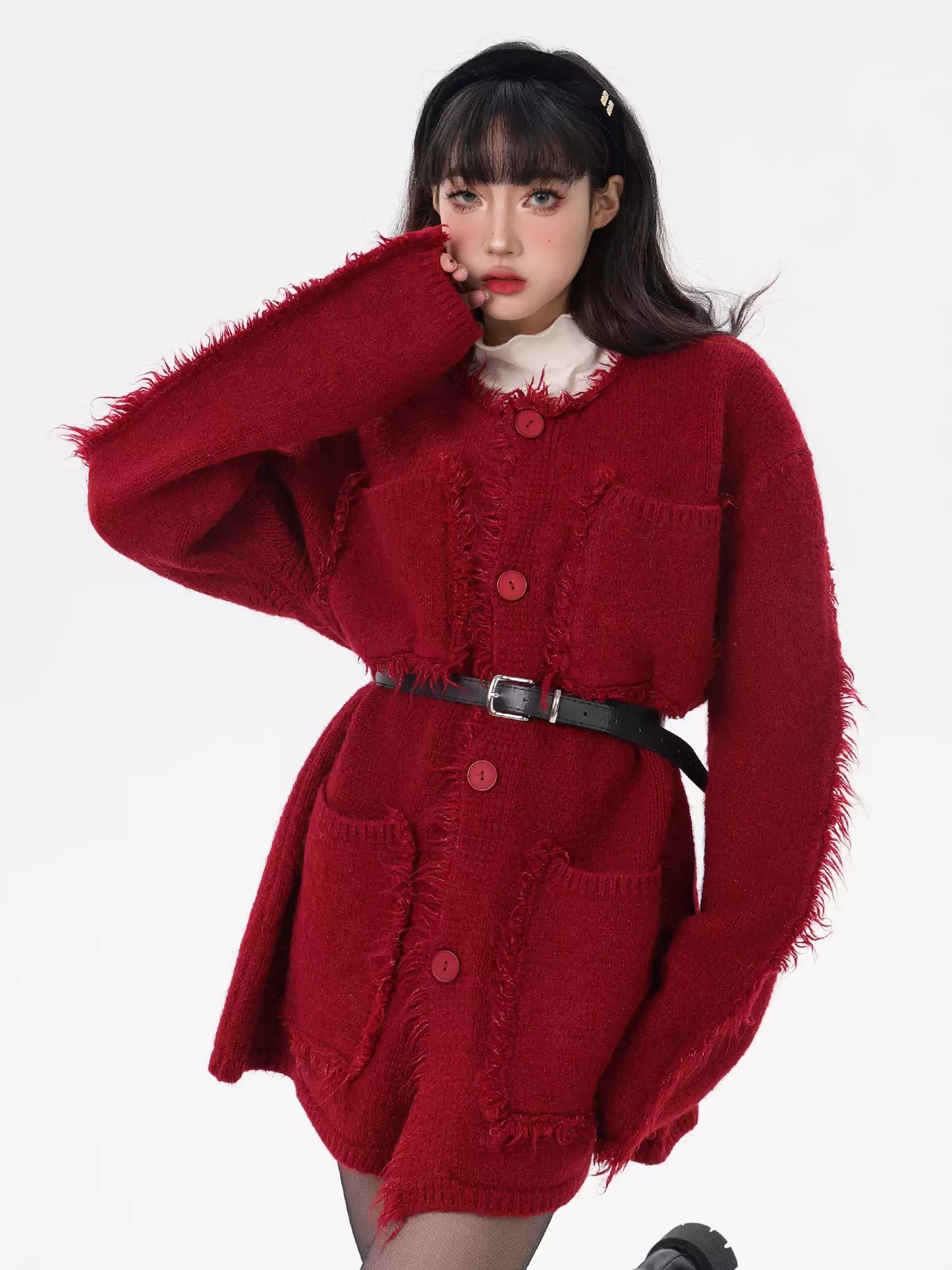 Natural Red Pockets Patchwork Button Cotton Knit Coats Fall