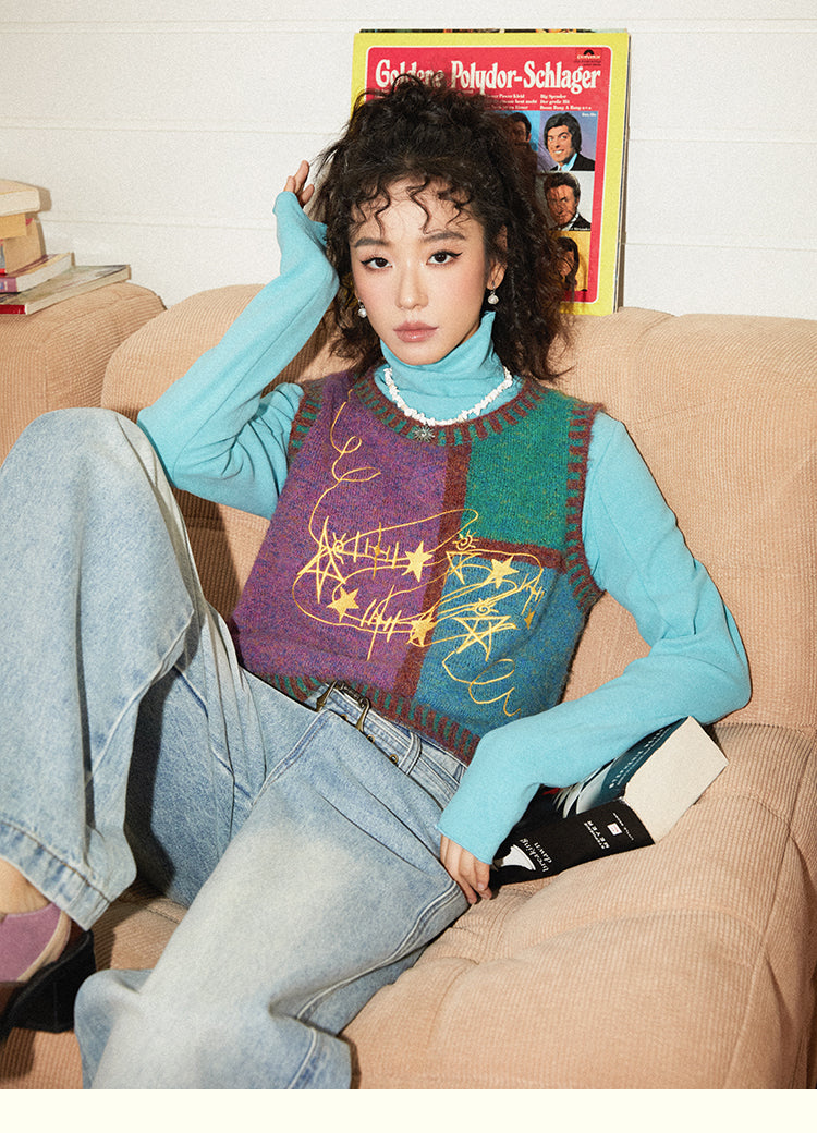 Art Blue O Neck Patchwork Cotton Knit Waistcoat Fall