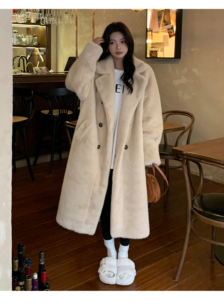 Beige Button Leather Fur Maxi Coat Long Sleeve