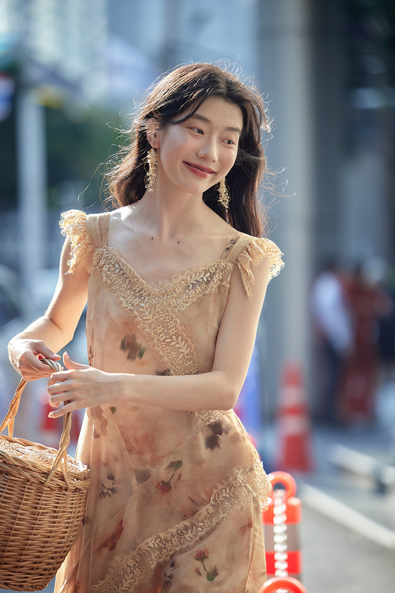 Holiday Style Orange Print V Neck Lace Patchwork Cotton Dresses Summer