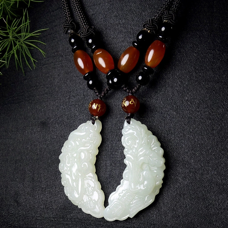Natural Hetian Jade Crescent Couple Pendant Necklace