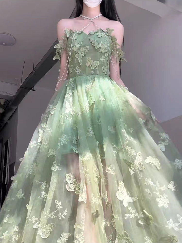 Beautiful Green Butterfly Side Open Tulle Maxi Dresses Sleeveless