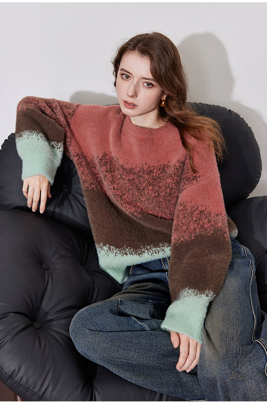 Loose Coffee O Neck Patchwork Cozy Cotton Knit Top Winter