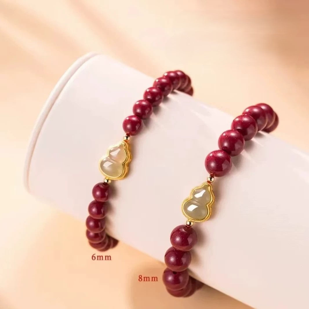Natural Cinnabar & Hetian Jade Gourd Bracelet