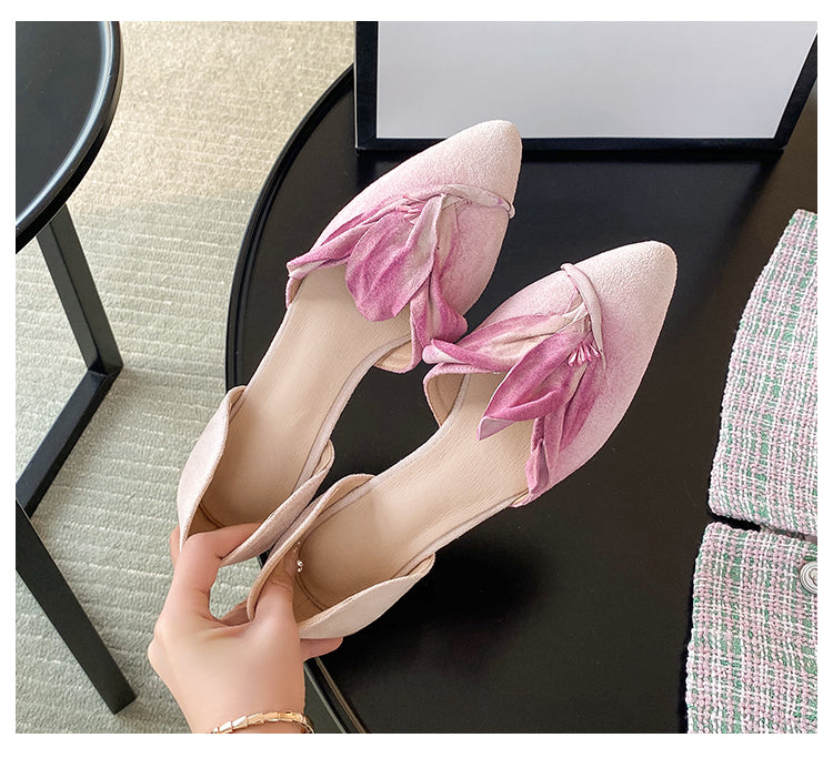 Handmade Pink Satins Flower Pointed Toe Flat Shoes