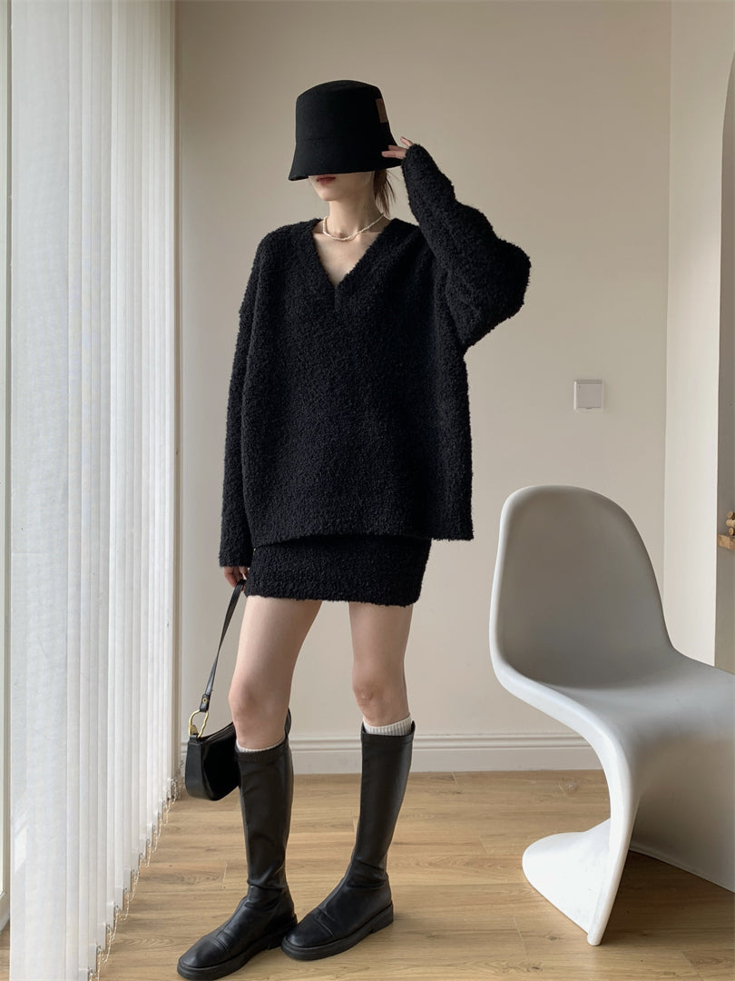 Simple Black V Neck Solid Knit Sets 2 Pieces Winter