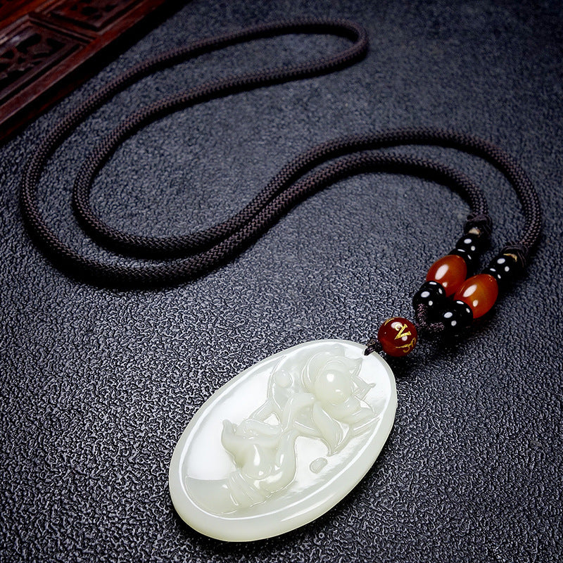 Natural Hetian White Jade Lotus Guanyin Pendant Necklace