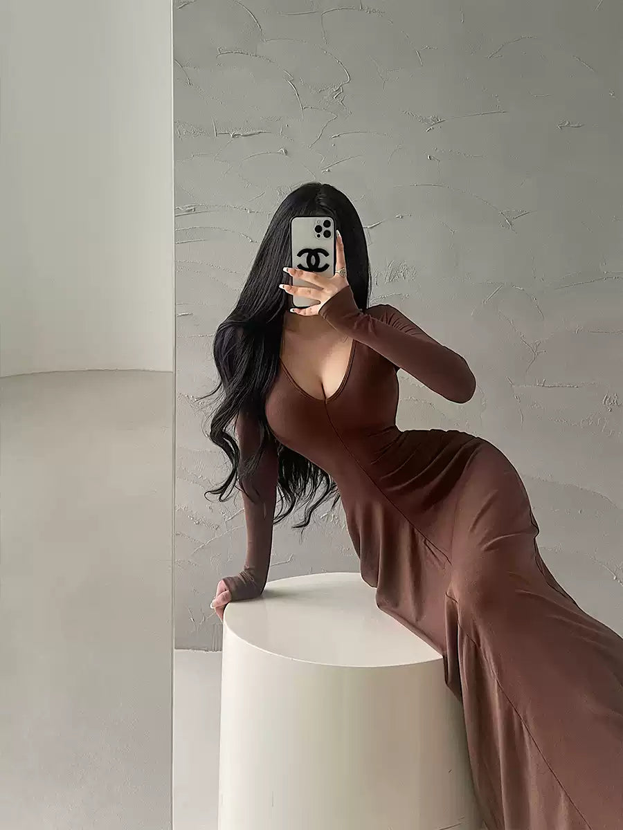 New Simple Black V Neck Slim Fit Cotton Long Dress Spring