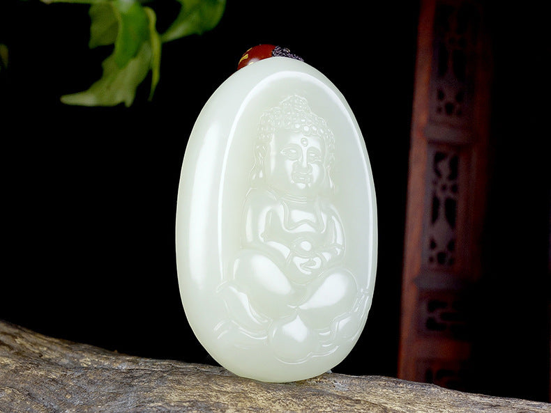 Natural Hetian White Jade Buddha Plaque Pendant Necklace