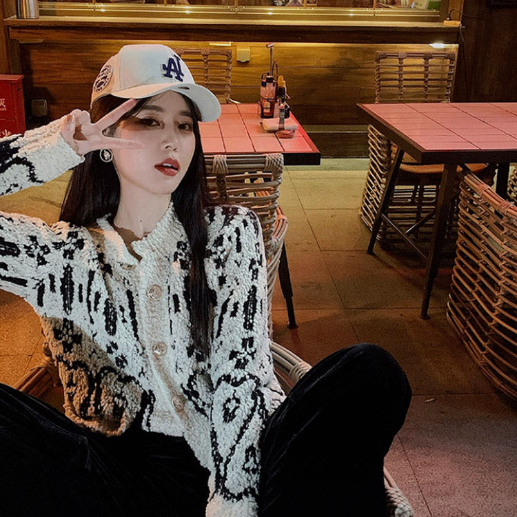 Loose Black Print Button Cotton Knit Cardigan Winter