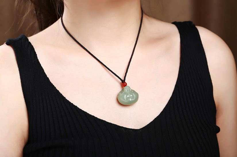 Natural Hetian Jade Laughing Buddha Pendant Necklace