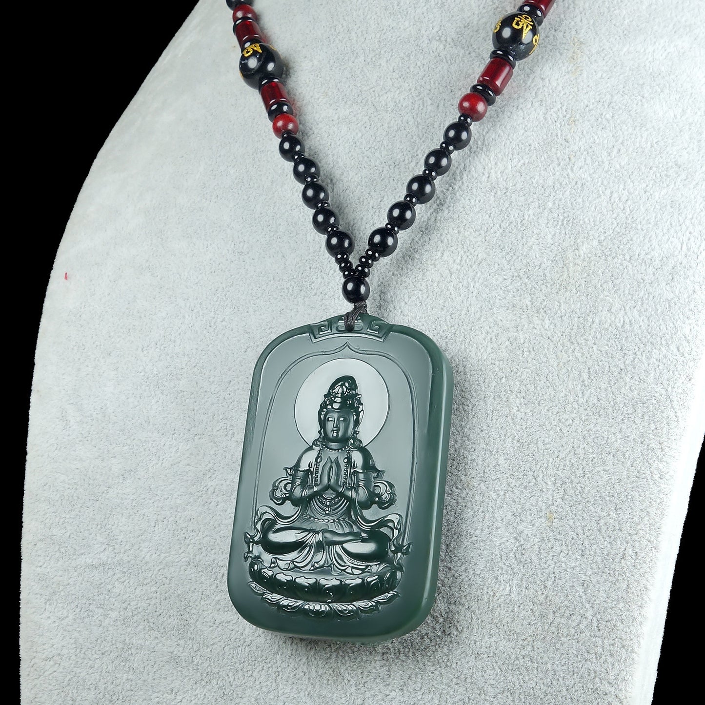 Natural Hetian Green Jade Double-Sided Guanyin Pendant Necklace