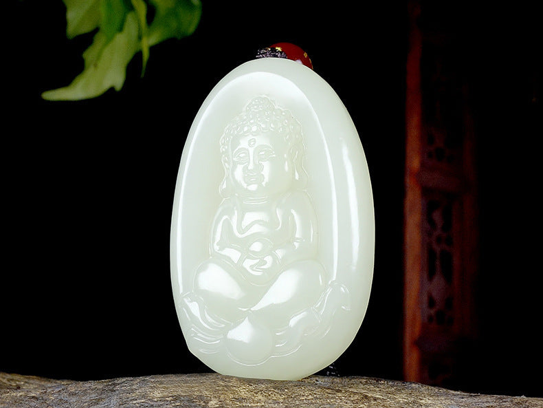 Natural Hetian White Jade Buddha Plaque Pendant Necklace