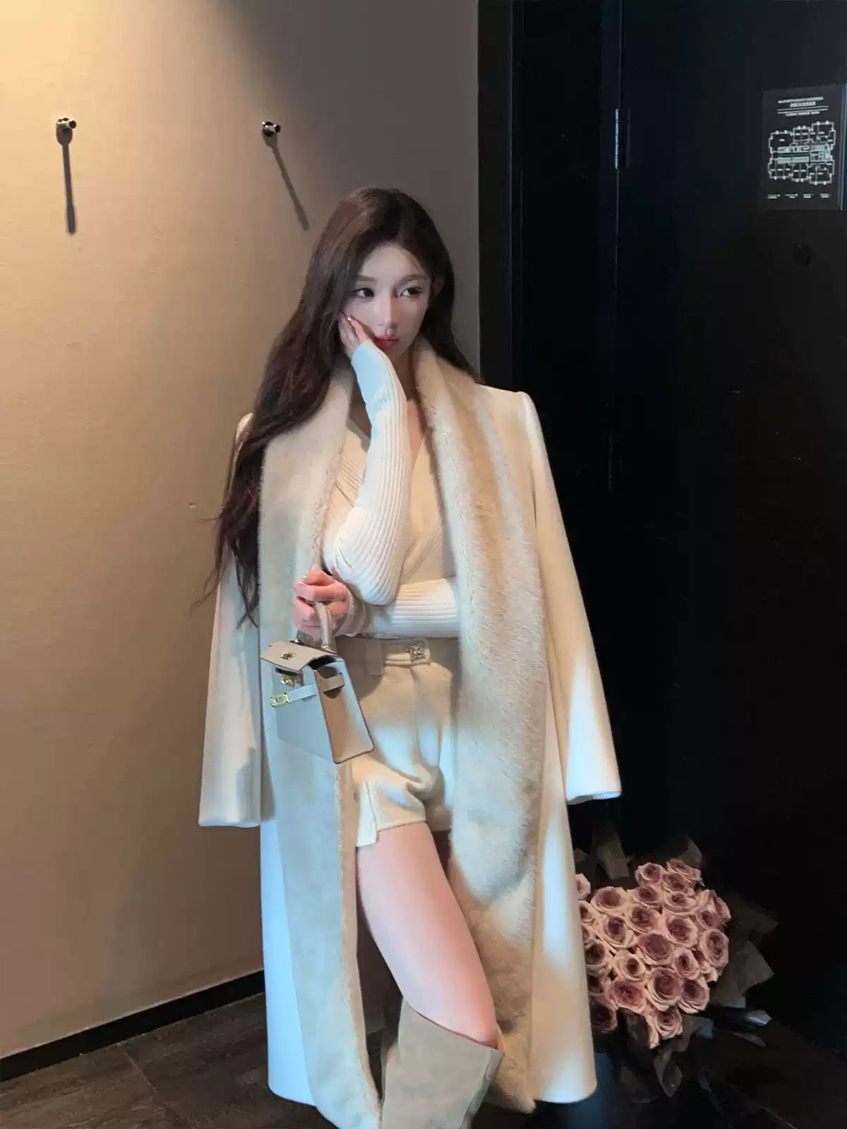 Classy Biege Fox Collar Pockets Tie Waist Woolen Maxi Coat Winter