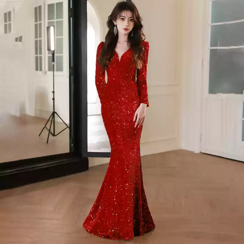 Dinner Wine Red V Neck Sequins Holiday Dress Spring