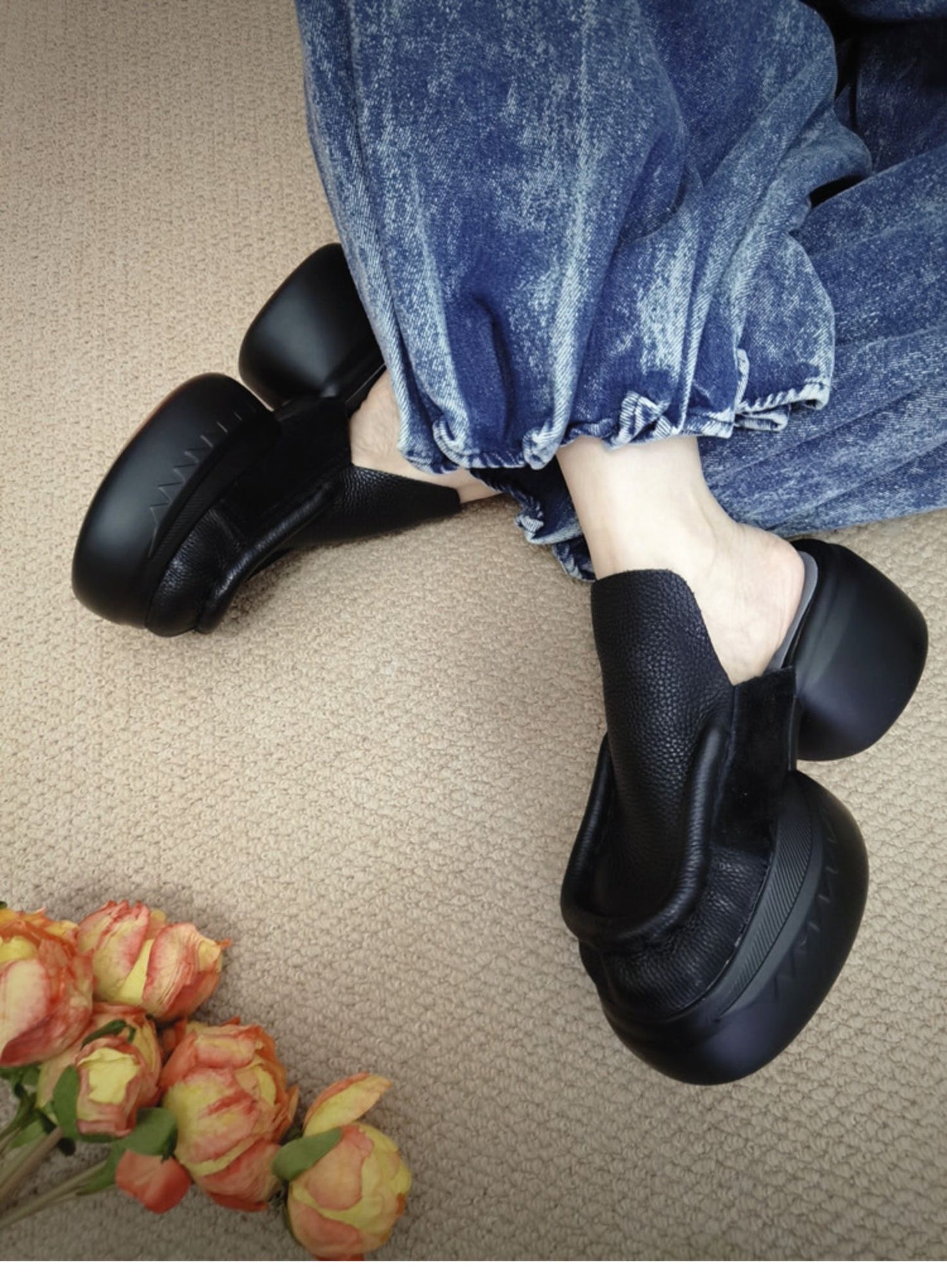 Brown Retro Splicing Cowhide Leather Platform Slide Sandals