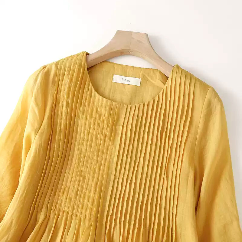 Loose Yellow Wrinkled Cotton Shirts Dress Summer